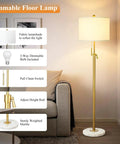 Gold Floor Lamp For Living Room 55-67 Inch Tall Height Adjustable Modern Standing Lamp With 3-Way Dimming Space Saving Marble Base And Sturdy Anti Tip Design