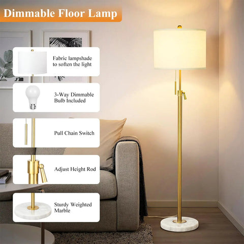 Gold Floor Lamp For Living Room 55-67 Inch Tall Height Adjustable Modern Standing Lamp With 3-Way Dimming Space Saving Marble Base And Sturdy Anti Tip Design