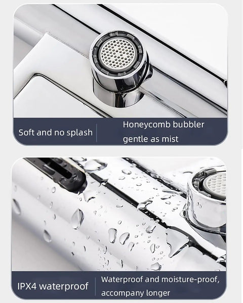 Close-up of Eoweiot Automatic Hand Dryer with Sensor Faucet's honeycomb bubbler and waterproof features, ideal for public washrooms.