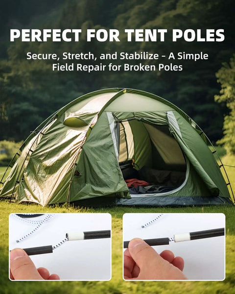 Tent with repaired pole using 1/8 Inch By 100 Feet Bungee Cord Elastic Shock Cord For Kayak, DIY Projects, Tie Downs, And Crafts