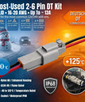 DT Deutsch Connector Kit 2 3 4 6 Pin With 16 Gauge Solid Contacts For 16 To 20 AWG Wiring Including Crimp Tool And Pin Removal Tool IP68 Waterproof Automotive Electrical Connectors For Lighting Sensors Fans Pumps And Winches image of DT connectors with temperature icons and specifications.