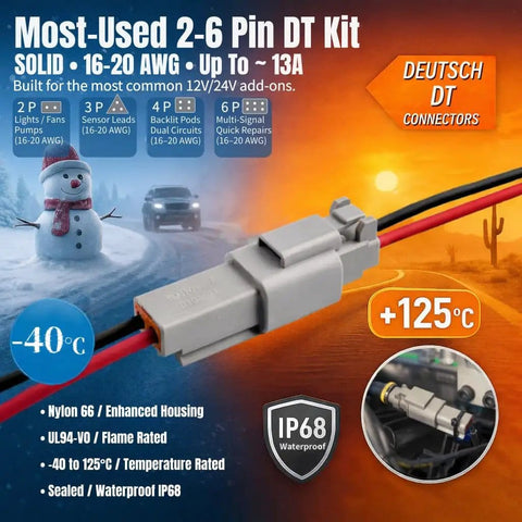 DT Deutsch Connector Kit 2 3 4 6 Pin With 16 Gauge Solid Contacts For 16 To 20 AWG Wiring Including Crimp Tool And Pin Removal Tool IP68 Waterproof Automotive Electrical Connectors For Lighting Sensors Fans Pumps And Winches image of DT connectors with temperature icons and specifications.