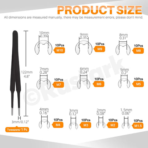 Product size chart for 304 Stainless Steel E Clip And C Clip Retaining Rings Kit With Tweezers, 303 Pcs Assortment, sizes M1.5 to M28