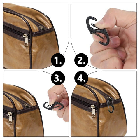 Demonstration of 20 Pack Heavy Duty Zipper Clips Anti Theft Carabiner Clips for securely attaching to bag zippers