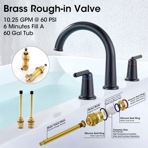 Wintap matte-black 3-hole widespread deck-mount bathtub faucet set with two handles and high-arch spout