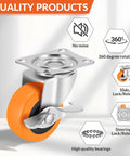 2.5 Inch Heavy Duty Caster Wheels Set of 4 with Brakes for Furniture Carts, showing swivel top plate and polyurethane wheel design.