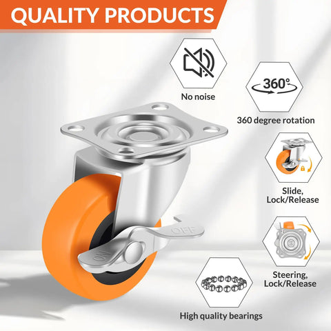 Heavy Duty Swivel Caster Wheels Set Of 4 With Locking Brakes And Sealed Ball Bearings 3 Inch Polyurethane Treads close-up with 360-degree rotation.
