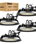Four black UFO LED High Bay Light 150W Industrial Shop Lighting with box, featuring 24,000 lumens for factory warehouse workshop