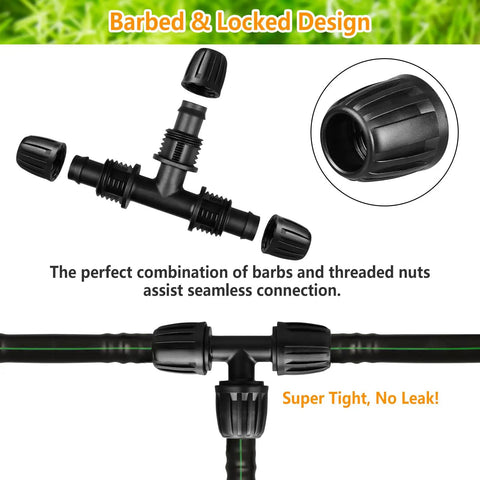 10 Pack Half Inch Drip Irrigation Barbed Tee Connectors With Locked Nut Anti Drop, Fits Standard 0.62 To 0.65 Inch Drip Tubing