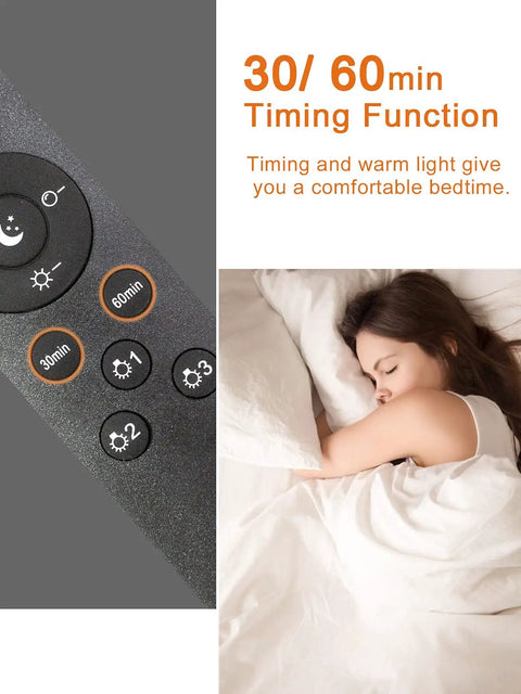 Sleeping woman next to remote control with timing function for Tripod Floor Lamp With Remote And Touch Control, LED 3 Color Temperatures.