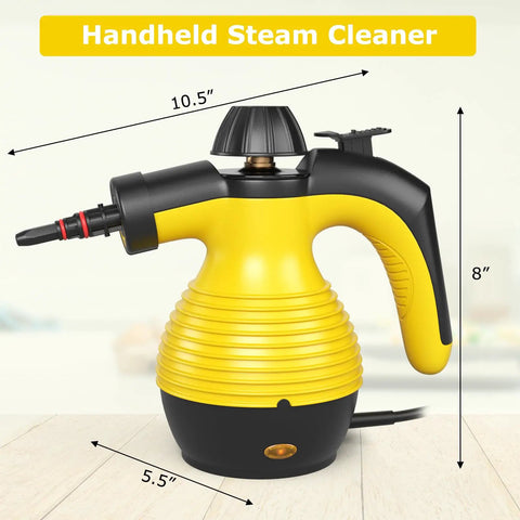 Heavy Duty Handheld Steam Cleaner 1050W Portable Household Steamer dimensions 10.5" height, 8" width, 5.5" base, yellow and black design.