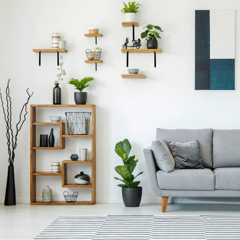 Living room featuring 10 Pack Black Cast Iron L Shelf Brackets Heavy Duty Corner Braces Support Sixty Six Pounds Rust Resistant Wall Mount.