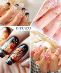 DIY manicure using All-In-One Nail Art Kit With 24Pcs Tools, Two Nail Stand Sets, detailed floral and gem designs showcased