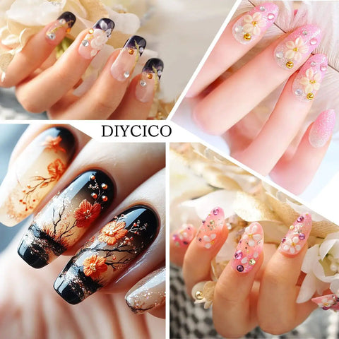 DIY manicure using All-In-One Nail Art Kit With 24Pcs Tools, Two Nail Stand Sets, detailed floral and gem designs showcased