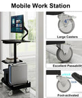Heavy Lifter Mobile Workstation Cart With No Sweat Rolling Casters And Fully Adjustable Gas Spring Monitor Stand Plus Secure CPU Tray For Seamless Standing Desk Transitions In Matte Black with large casters
