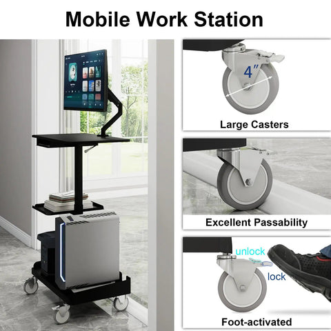 Heavy Lifter Mobile Workstation Cart With No Sweat Rolling Casters And Fully Adjustable Gas Spring Monitor Stand Plus Secure CPU Tray For Seamless Standing Desk Transitions In Matte Black with large casters