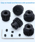 5 Piece 48P Pinion Gear Set 17T 18T 19T 20T 21T For 3.175mm Shafts With Hex Key Beef Up Your 1 10 Scale RC Cars Traxxas HSP Arrma HPI Axial Tamiya Losi Brushless Motors displayed with a hex key and screws.