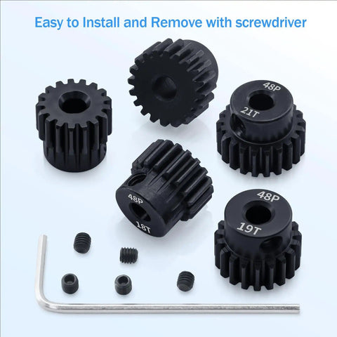 5 Piece 48P Pinion Gear Set 17T 18T 19T 20T 21T For 3.175mm Shafts With Hex Key Beef Up Your 1 10 Scale RC Cars Traxxas HSP Arrma HPI Axial Tamiya Losi Brushless Motors displayed with a hex key and screws.