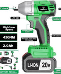 Heavy Duty 20V Brushless Cordless Impact Wrench Drill Driver Kit High Torque 430Nm showing ergonomic handle, LED light, and control features.