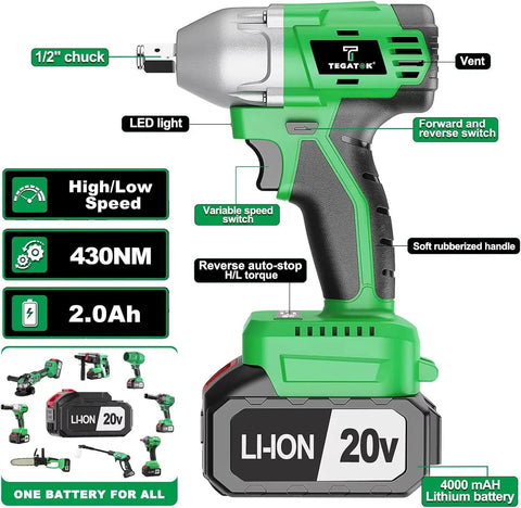 Heavy Duty 20V Brushless Cordless Impact Wrench Drill Driver Kit High Torque 430Nm showing ergonomic handle, LED light, and control features.