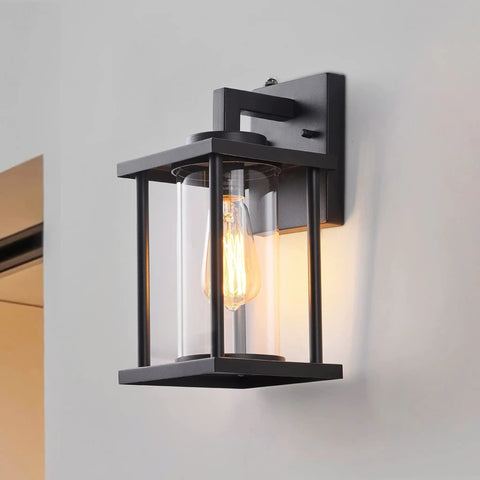 2 Pack Black Exterior Wall Light Fixtures With Dusk To Dawn Sensor, E26 Base Socket, Clear Glass, Waterproof Outdoor Lanterns