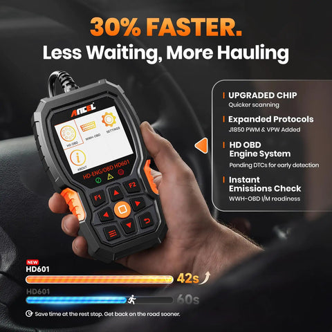 Heavy Duty Truck Scanner Workhorse For Diesel Engines Full System Diagnostic Tool with orange and black design held in hand