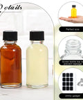 Clear Boston Round Glass Bottles With Black Screw Cap, One Oz Capacity, Complete Kit With Seventy Two Self Stick Labels, Four Precision Funnels, And Fine Liner For Slick DIY Blending, No Fuss Organization, And Totally Solid Storage Set showing amber and clear bottles side by side.