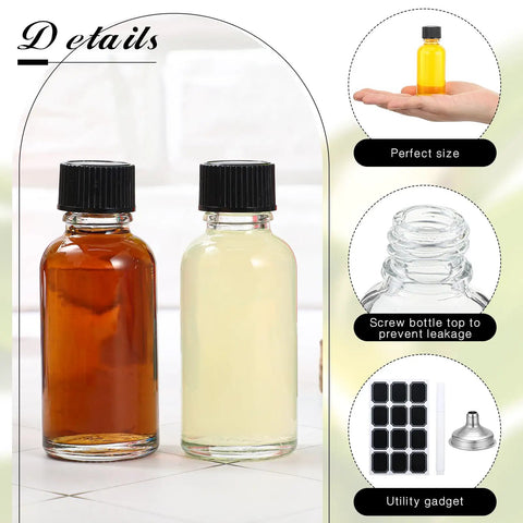 Clear Boston Round Glass Bottles With Black Screw Cap, One Oz Capacity, Complete Kit With Seventy Two Self Stick Labels, Four Precision Funnels, And Fine Liner For Slick DIY Blending, No Fuss Organization, And Totally Solid Storage Set showing amber and clear bottles side by side.