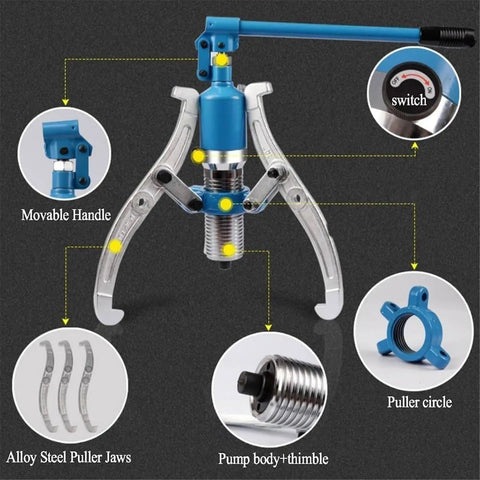 Heavy Duty Hydraulic Gear Puller 20 Ton with adjustable alloy steel jaws and movable handle for bearing hub removal.