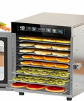 Stainless Steel Electric Food Dehydrator With Eight Sturdy Trays displaying dehydrated fruit slices and vegetables.
