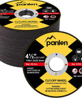 Panlen 4.5 in metal cut-off wheel for angle grinder; yellow/black label; two discs shown (stacked and front).