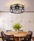 20 Inch Black Caged Ceiling Fan With Light Flush Mount Fandelier In Dining Room Setup