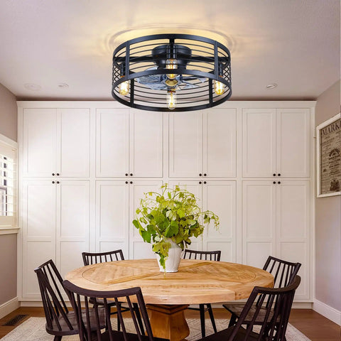 20 Inch Black Caged Ceiling Fan With Light Flush Mount Fandelier In Dining Room Setup