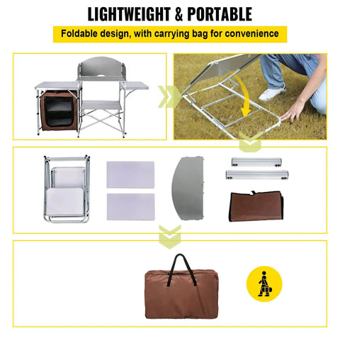 Aluminum Portable Folding Camp Kitchen Table With Windscreen Cupboard And Storage Organizer Carrying Bag For Outdoor Picnics Beach BBQ RV Travel Quick Setup Brown Finish