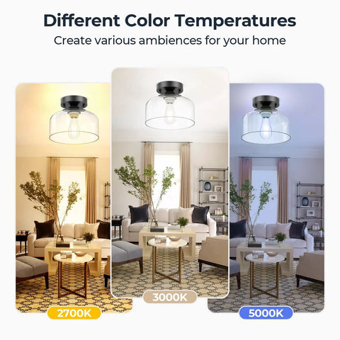 Solid Fit Clear Glass Semi Flush Mount Ceiling Light With Heavy Duty Metal Frame And Matte Black Finish Built To Last in three color temperatures.