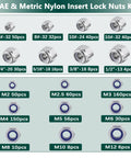 Diagram of All In One Nylon Insert Lock Nut Kit With 304 Stainless Nylock Nuts for SAE and Metric sizes, 750 pieces displayed.