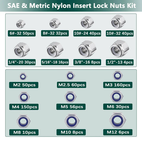 Diagram of All In One Nylon Insert Lock Nut Kit With 304 Stainless Nylock Nuts for SAE and Metric sizes, 750 pieces displayed.