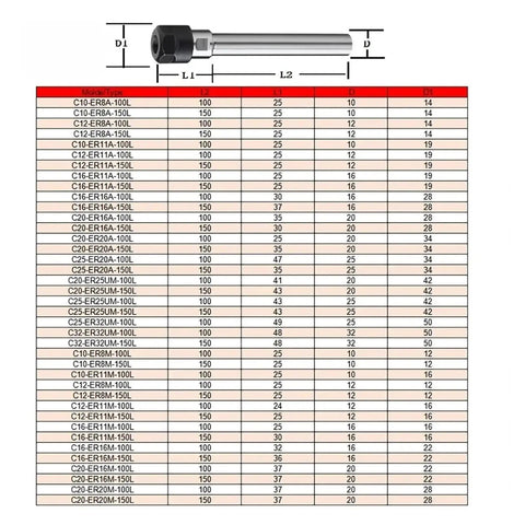 Ultra Precision ER Extension Rod C8 To C32 Collet Chuck Holder For CNC Milling size and specifications chart.