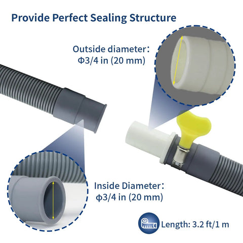 3.2 Ft Washing Machine Drain Hose Extension Kit With Flexible Corrugated Hose For Dishwashers Universal Fit Diameter Display