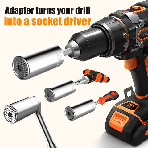Ultimate Universal Socket Tool Set With Power Drill Adapter 7mm To 19mm Range in use with drill and various socket attachments shown