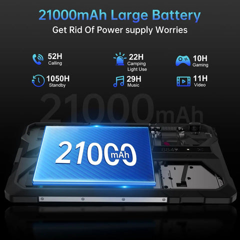 Badass Rugged 5G Tablet Packing Built In Projector And Smooth Android 15 Operating System battery details showing 21000mAh capacity for extended use.