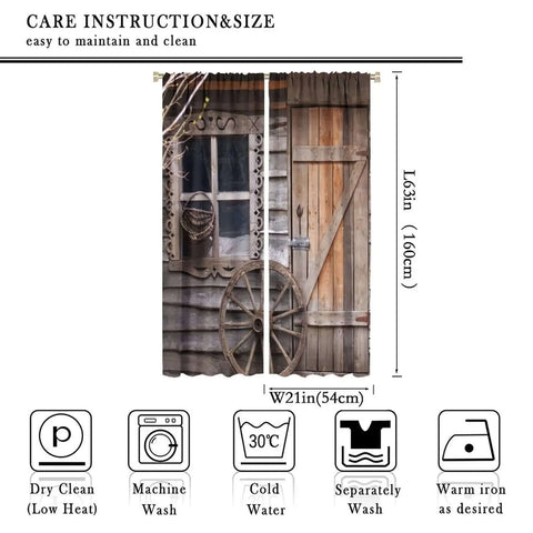 Barn Door Rod Pocket Blackout Curtains For Living Room with Wooden Board and Wheel Motif, Two Panel Set, 63x21 Inches