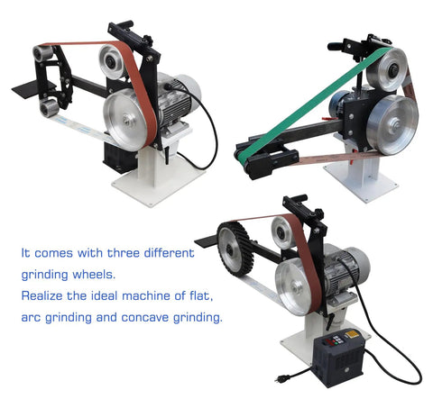 Heavy Duty 71 Inch Variable Speed Belt Sander Grinder That Slays Rough Stock with three grinding wheels for versatile use.