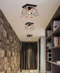 Rustic Farmhouse Flush Mount Ceiling Light Fixture With Wrought Iron Oak White Accents And ORB Details in hallway