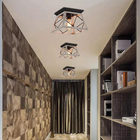 Rustic Farmhouse Flush Mount Ceiling Light Fixture With Wrought Iron Oak White Accents And ORB Details in hallway