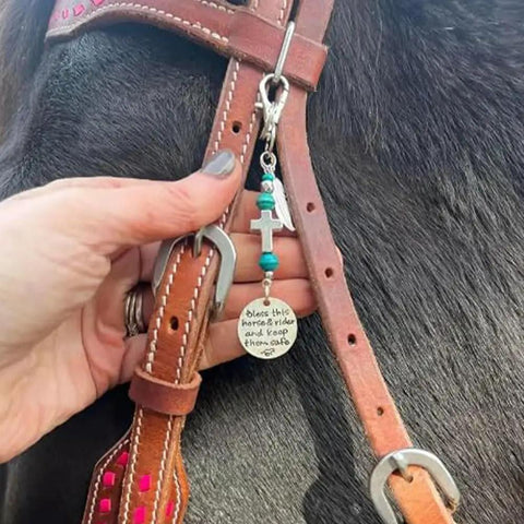 Saddle And Bridle Charm Clip Made From Premium Leather Strings With Clip Bless This Horse And Rider Keep Them Safe on reins