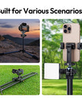 T100 Ball Head For Cameras And Gear with one quarter to three eighths inch threaded mounts showcasing DSLR and smartphone setup