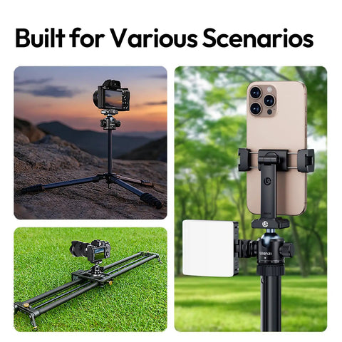 T100 Ball Head For Cameras And Gear with one quarter to three eighths inch threaded mounts showcasing DSLR and smartphone setup