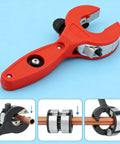 Ratcheting Pipe Cutter 2-In-1 Workhorse For PVC PPR Plastic Tubing, showing cutting action with close-up of blade design.