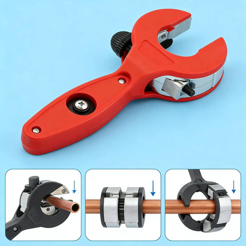 Ratcheting Pipe Cutter 2-In-1 Workhorse For PVC PPR Plastic Tubing, showing cutting action with close-up of blade design.